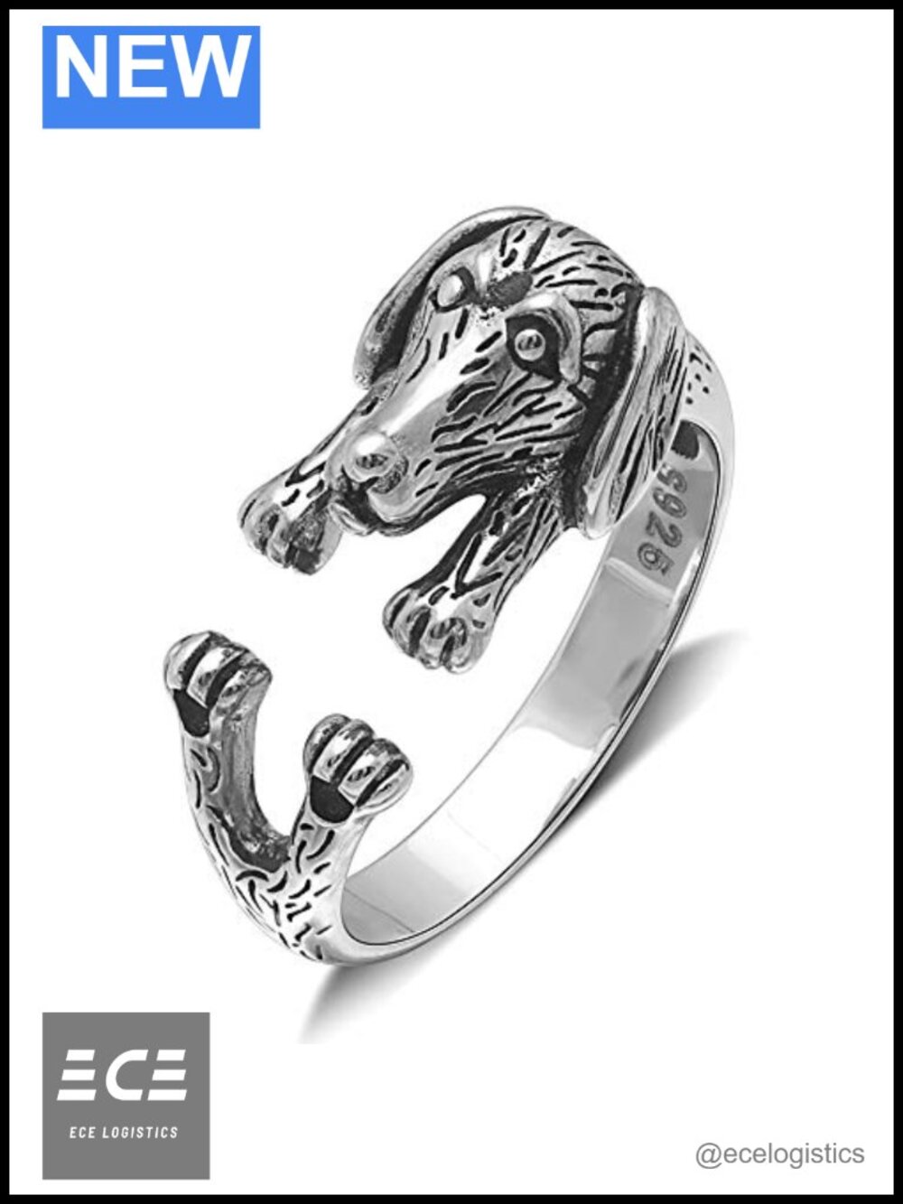 Sterling Silver Dachshund Puppy Wrap Ring Adjustable Size 6-10